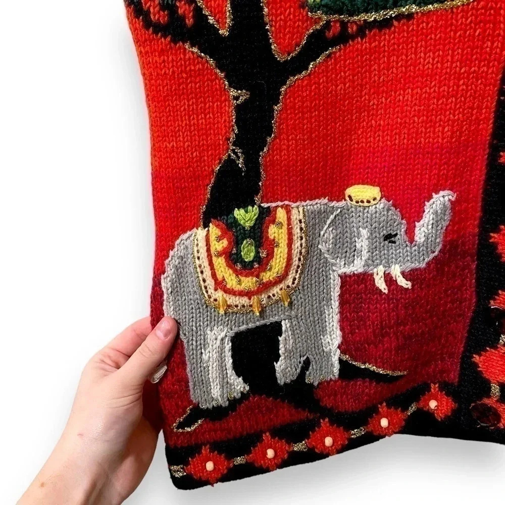 Vintage Handknit Elephants in the African Serengeti Desert Cardigan Sweater M - Picture 10 of 10